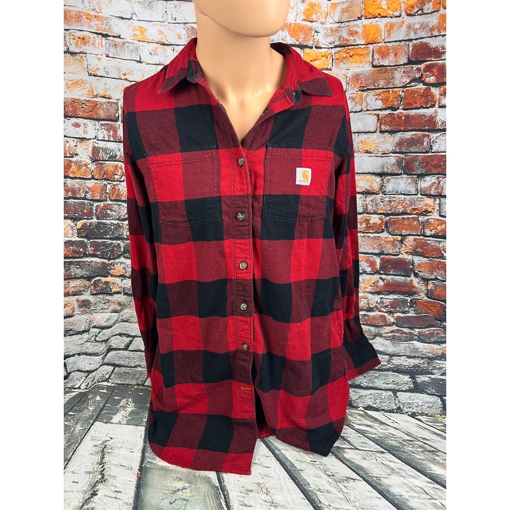 Carhartt Womens Rugged Flex Relaxed Fit Flannel Shirt Red Black Buffalo Plaid S
